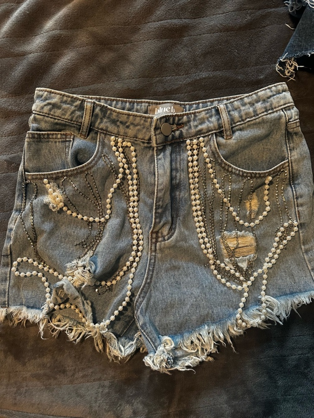 Distressed Pearl-Embellished Denim Shorts - Blue